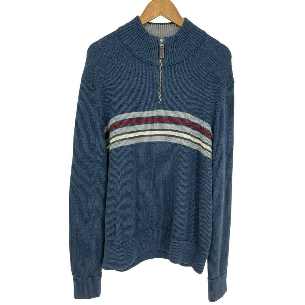 Eddie Bauer Blue Striped Knit Quarter Zip Sweater Men's Size XL